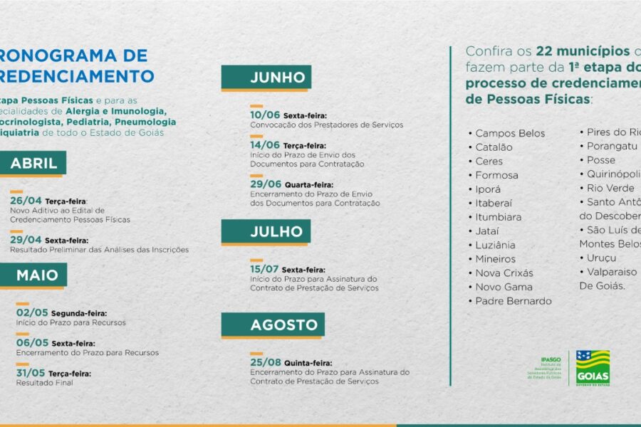  Ipasgo divulga cronograma da 1ª etapa do credenciamento de Pessoas Físicas
