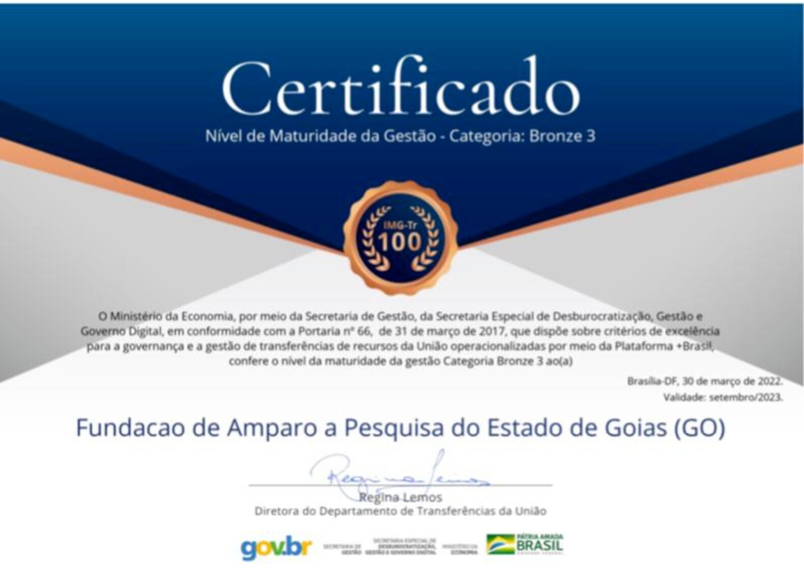 Fapeg recebe certificação positiva do Ministério da economia por gestão transparente