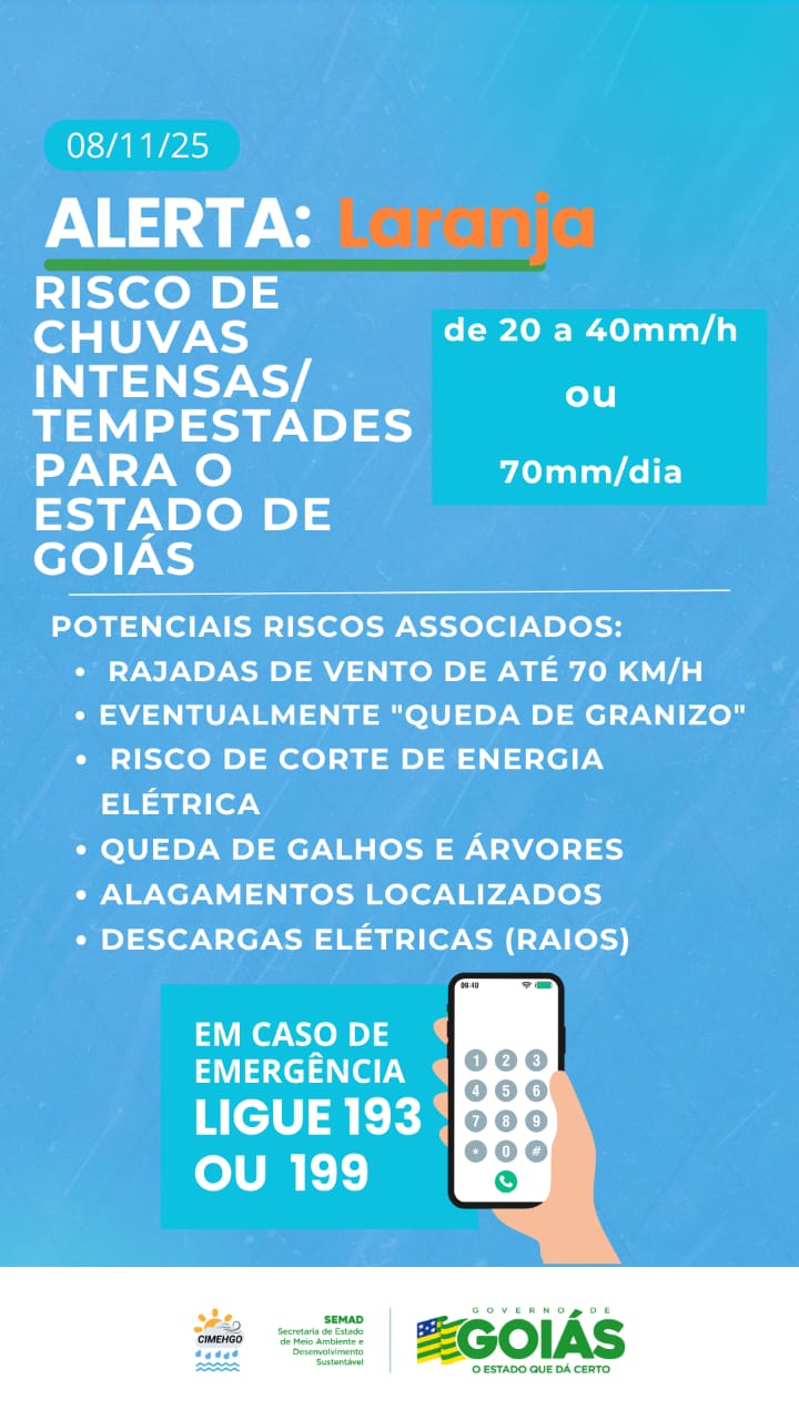 Risco de tempestades severas e granizo acende alerta laranja em Goiás